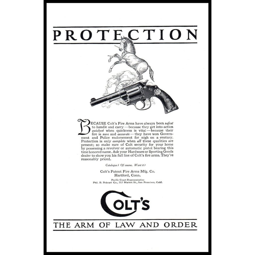 1924 Colt Revolver Vintage Print Ad Protection Bucking Horse Wall Art Photo